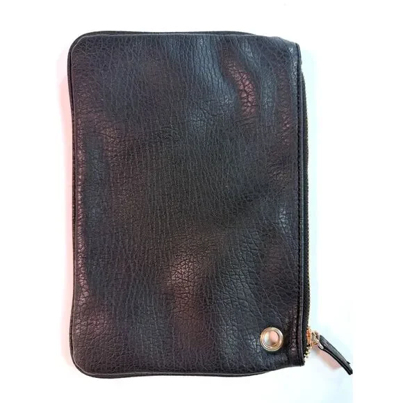 Free People Vegan Pebbled Leather Pouch Black Zip Grommet Clutch Cosmetic Travel - Picture 3 of 6